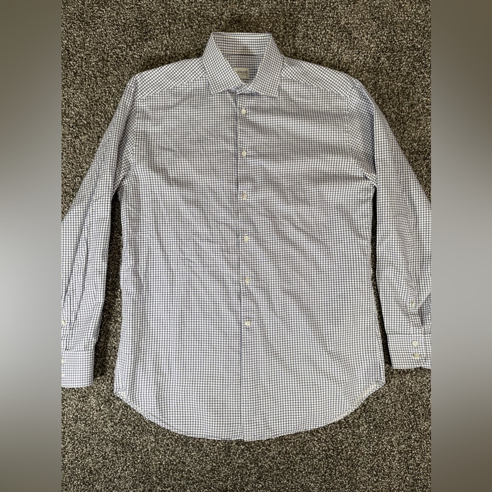 Armani Collezioni Men’s Large Button Up Long Sleeve Shirt White Blue Plaid